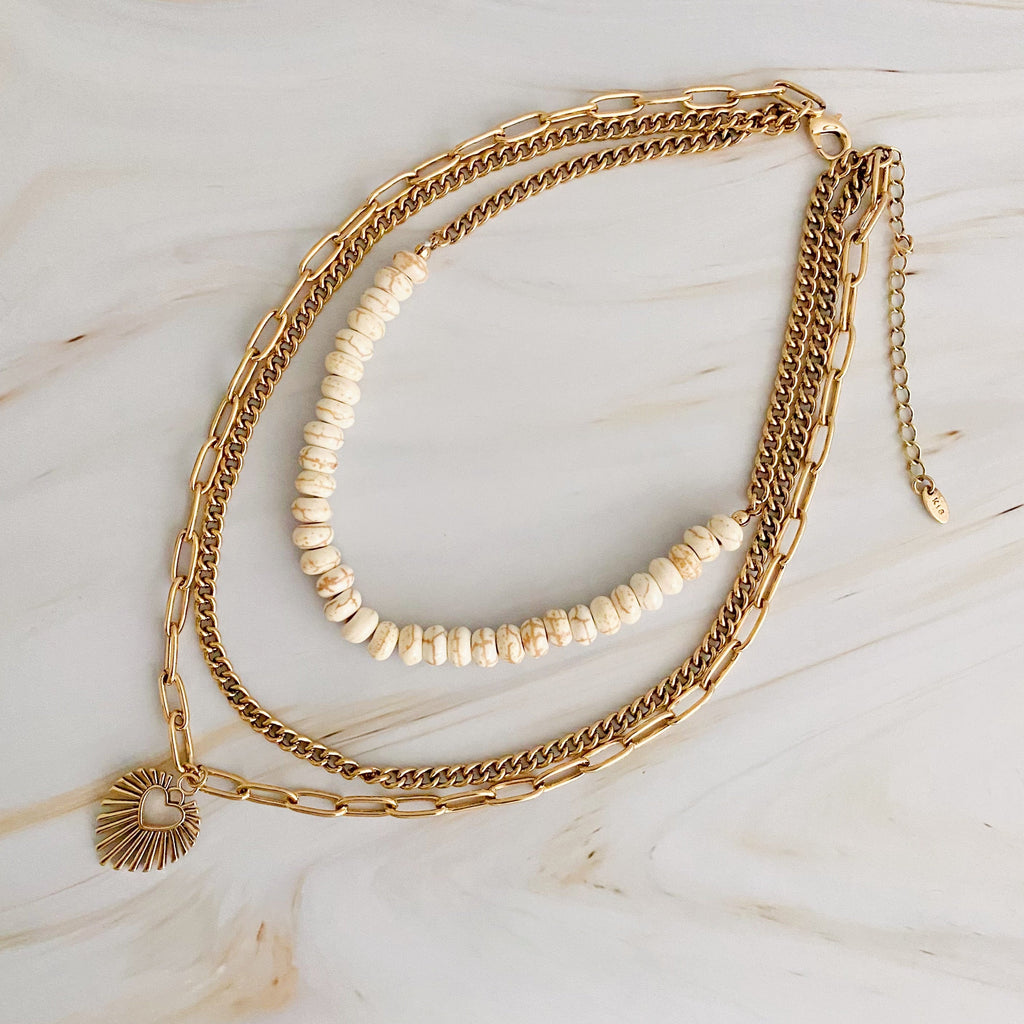 Resin Bead Golden Heart Layered Necklace - flat lay view