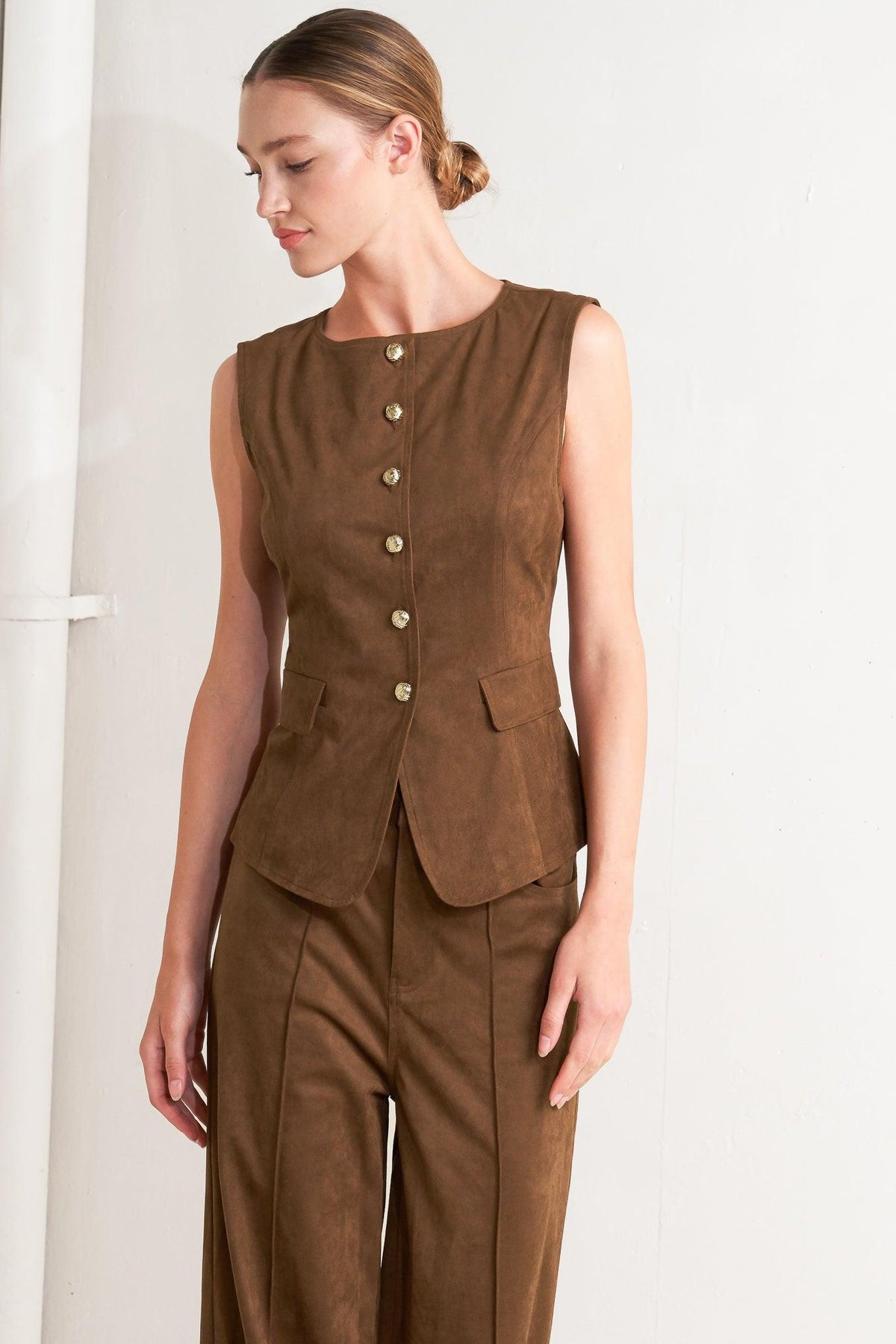 Faux Suede Button Front Vest in brown, additional view 2