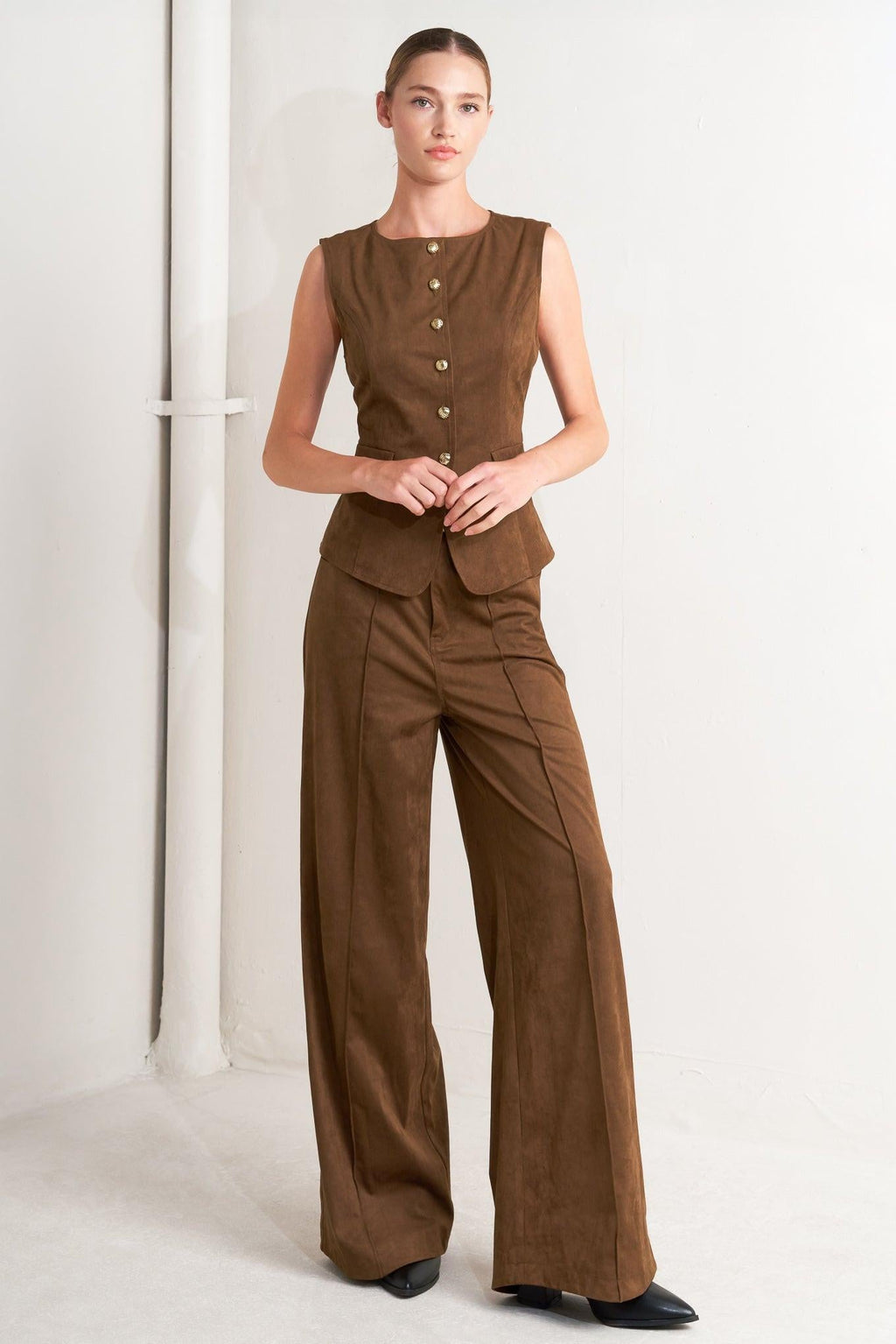 Faux Suede Button Front Vest in brown, additional view 1