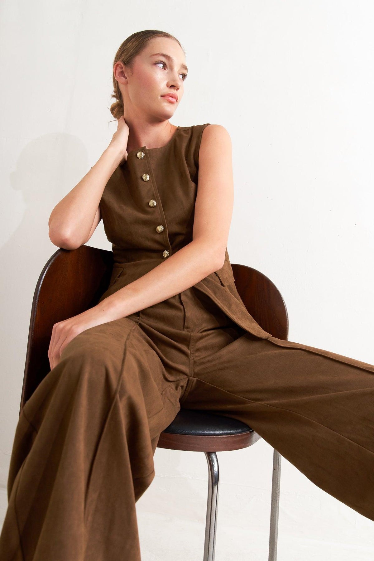 Faux Suede Flare Pants in maroon and brown, back view