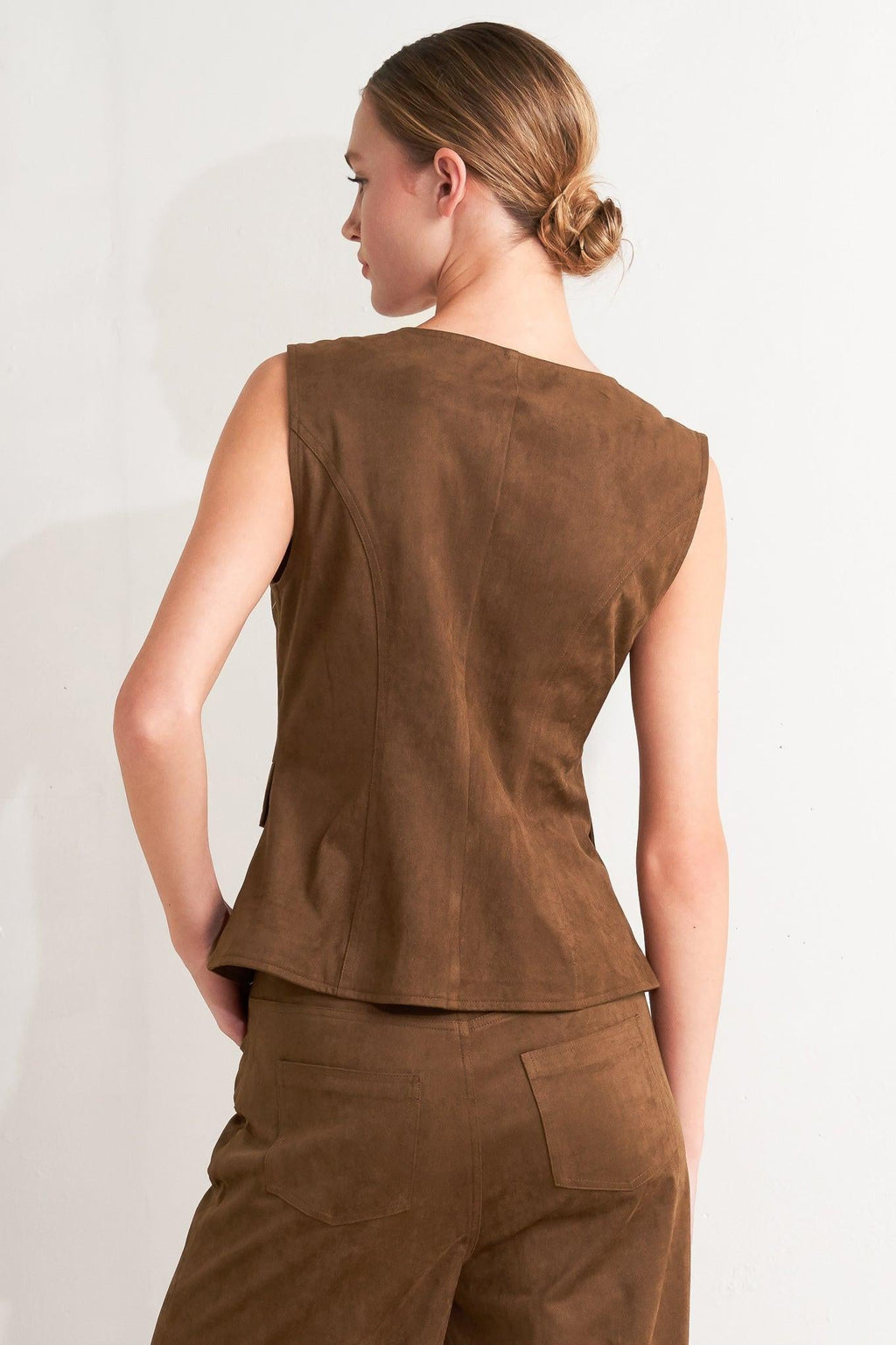 Faux Suede Button Front Vest in brown, lifestyle view
