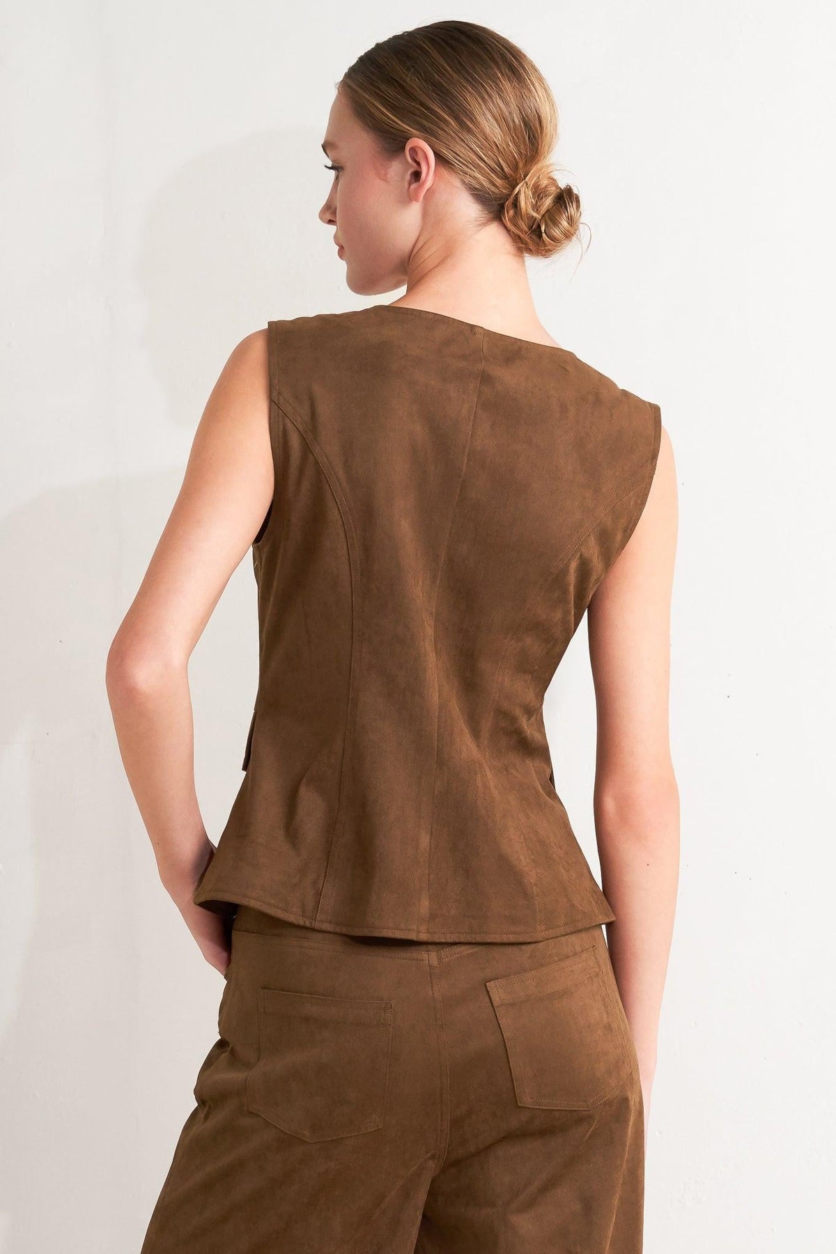 Faux Suede Button Front Vest in brown, lifestyle view