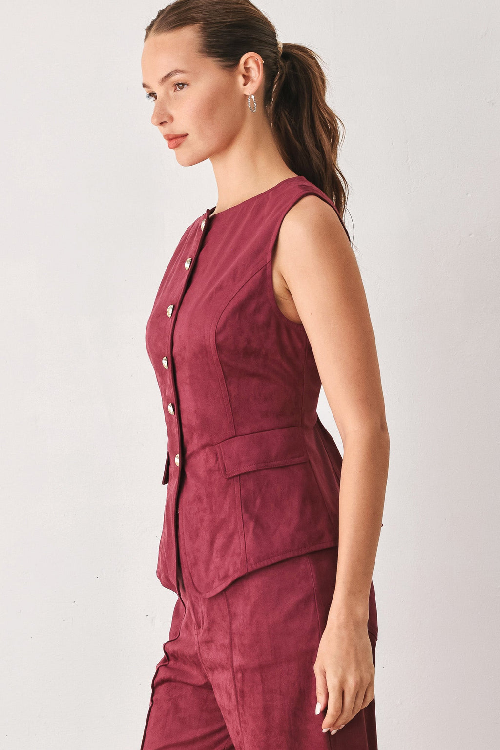 Faux Suede Button Front Vest in brown, back view