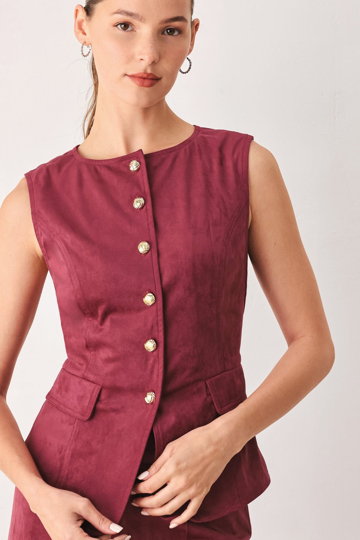 Faux Suede Button Front Vest in brown, front view