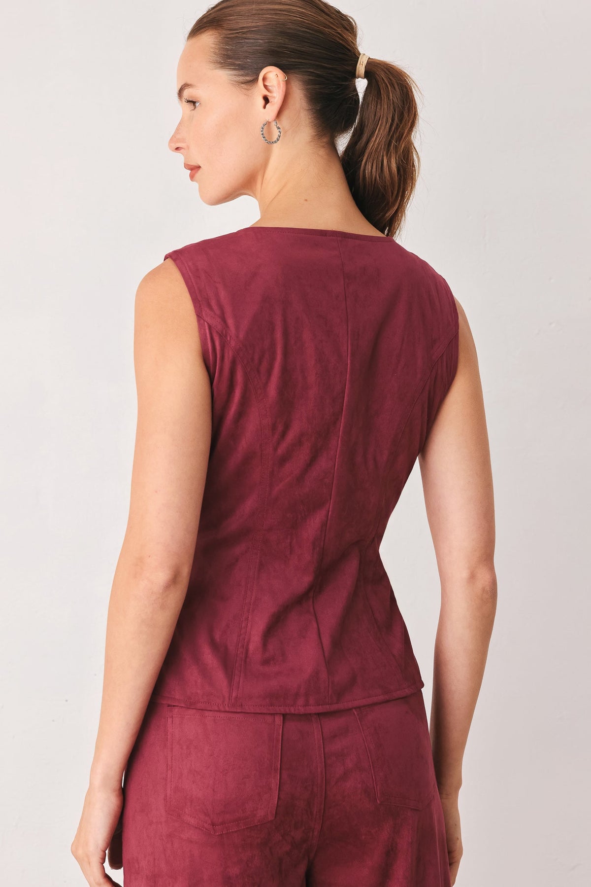 Faux Suede Button Front Vest in brown, close-up detail