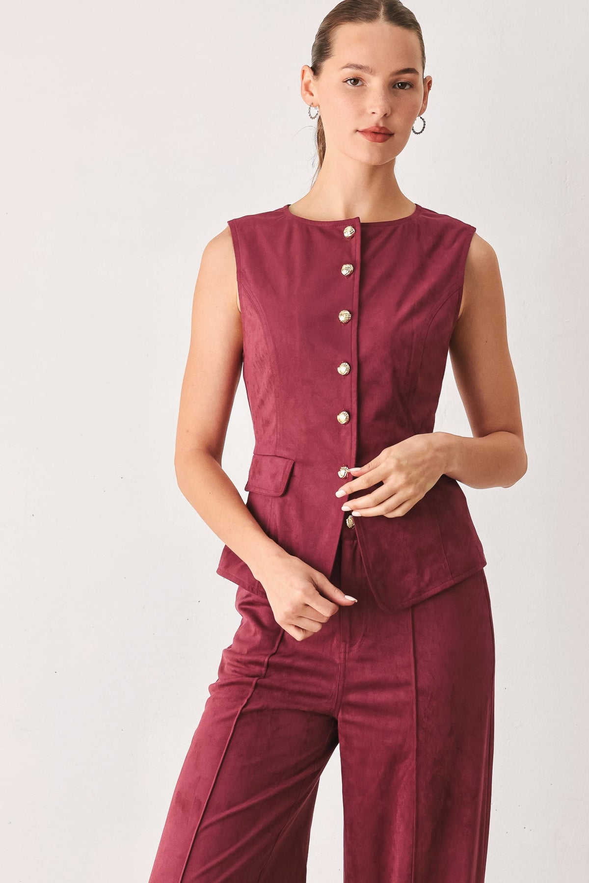 Faux Suede Button Front Vest in brown, side view