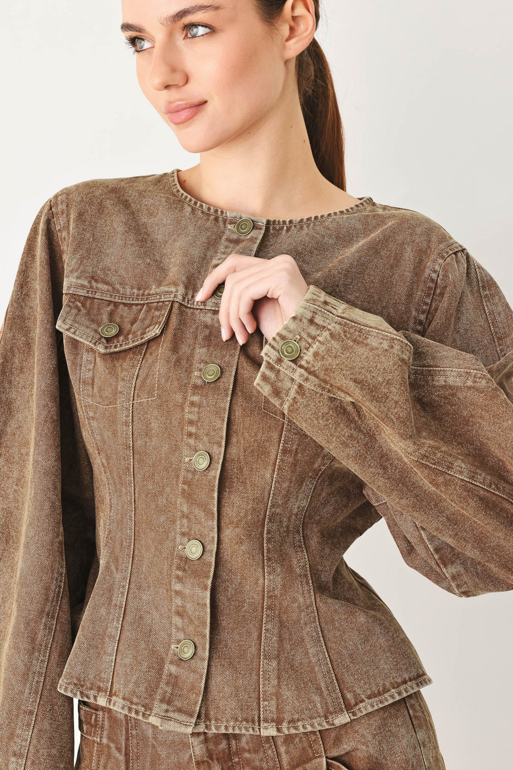 Brown vintage denim jacket with round neckline