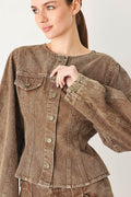Brown vintage denim jacket with round neckline