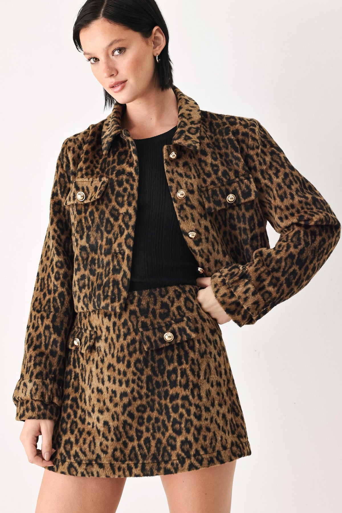 Leopard Wool Blend Cropped Jacket in brown and black leopard, front view