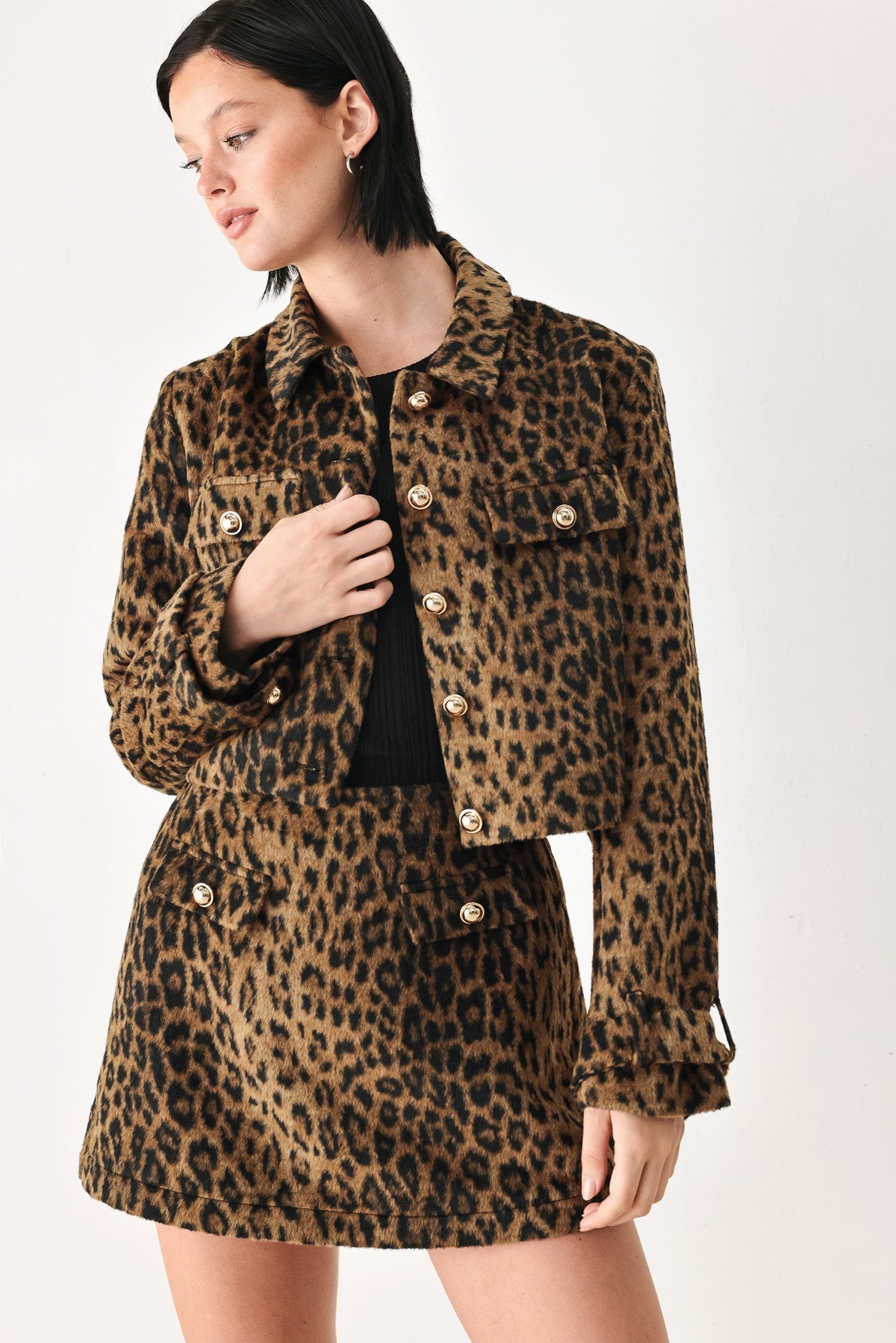 Leopard Wool Blend Cropped Jacket in brown and black leopard, styled view