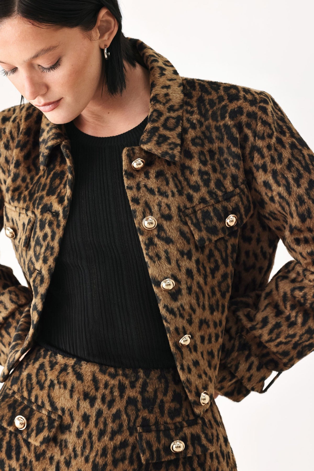 Leopard Wool Blend Cropped Jacket in brown and black leopard, detail view