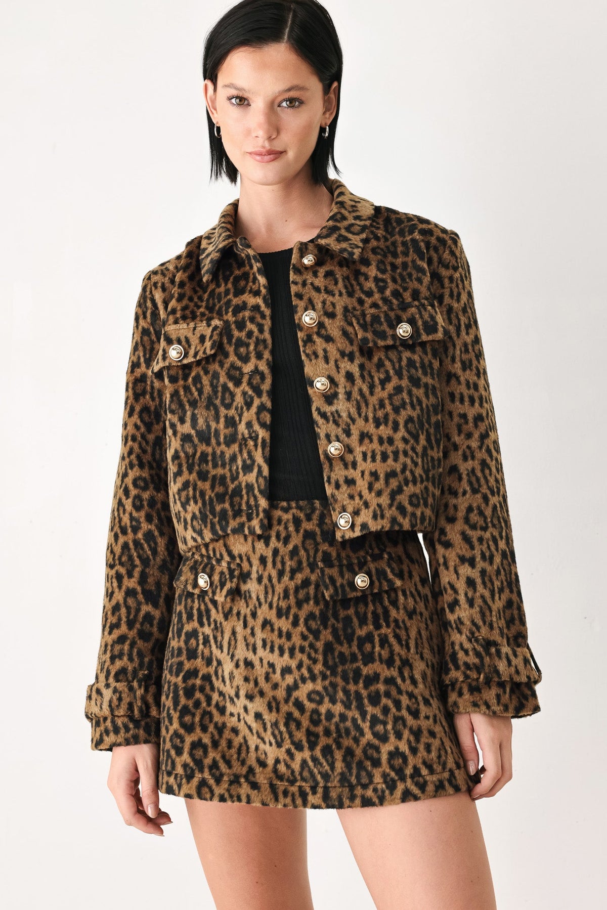 Leopard Wool Blend Cropped Jacket in brown and black leopard, side view