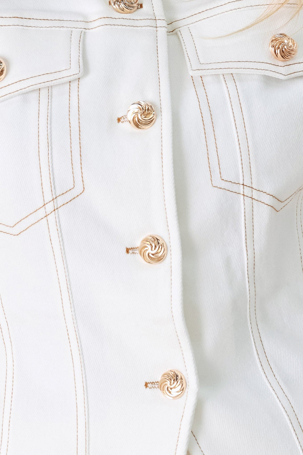 Better Together Woven Vest in White with round neckline, sleeveless cut, front closure, and pockets shown on model