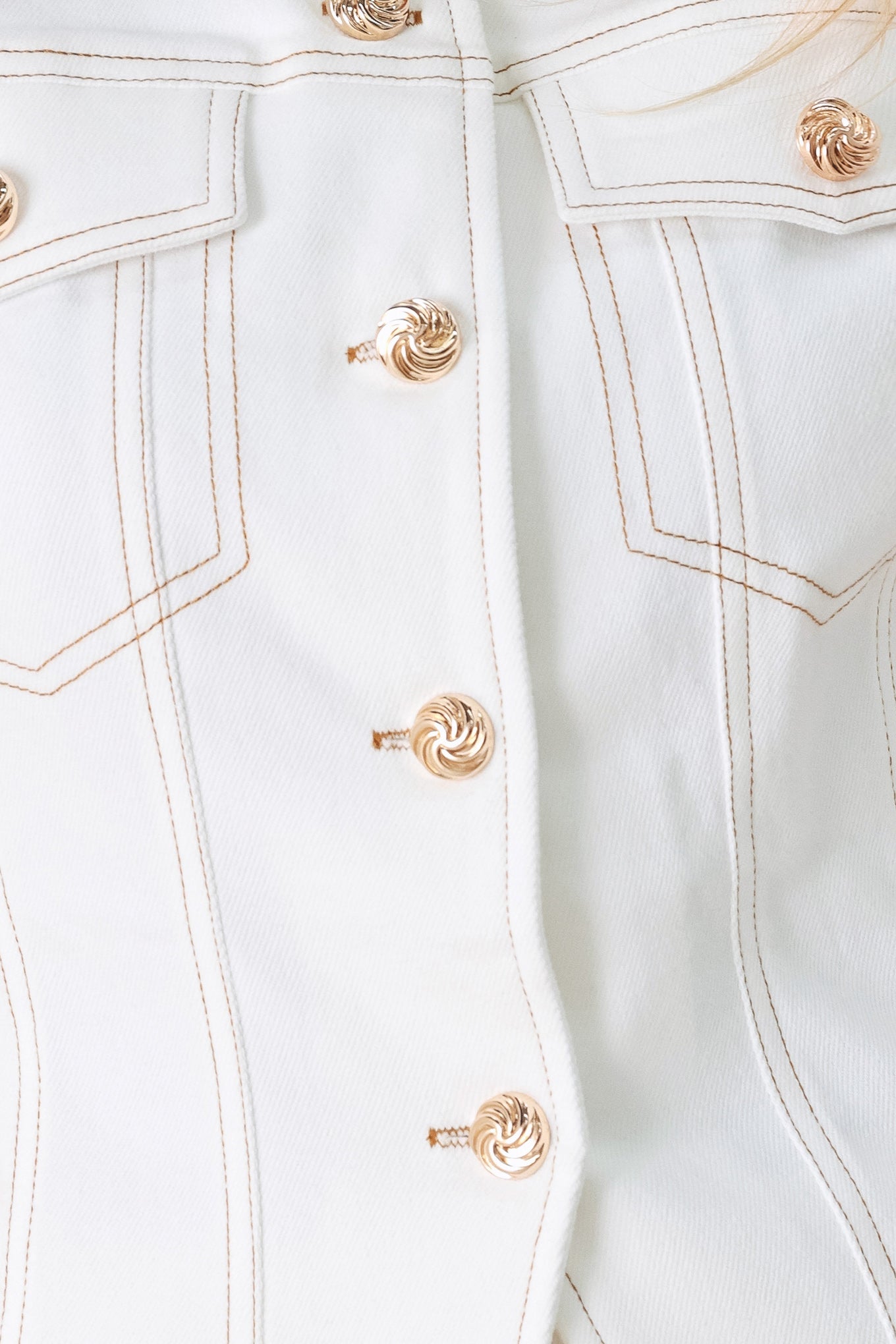 Better Together Woven Vest in White with round neckline, sleeveless cut, front closure, and pockets shown on model