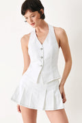 Champagne Club Woven Vest in White - front view showing halter neckline and tailored silhouette