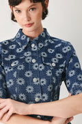 Sweet Daisy Woven Jacquard Denim Jacket in Indigo - front view showing floral jacquard texture
