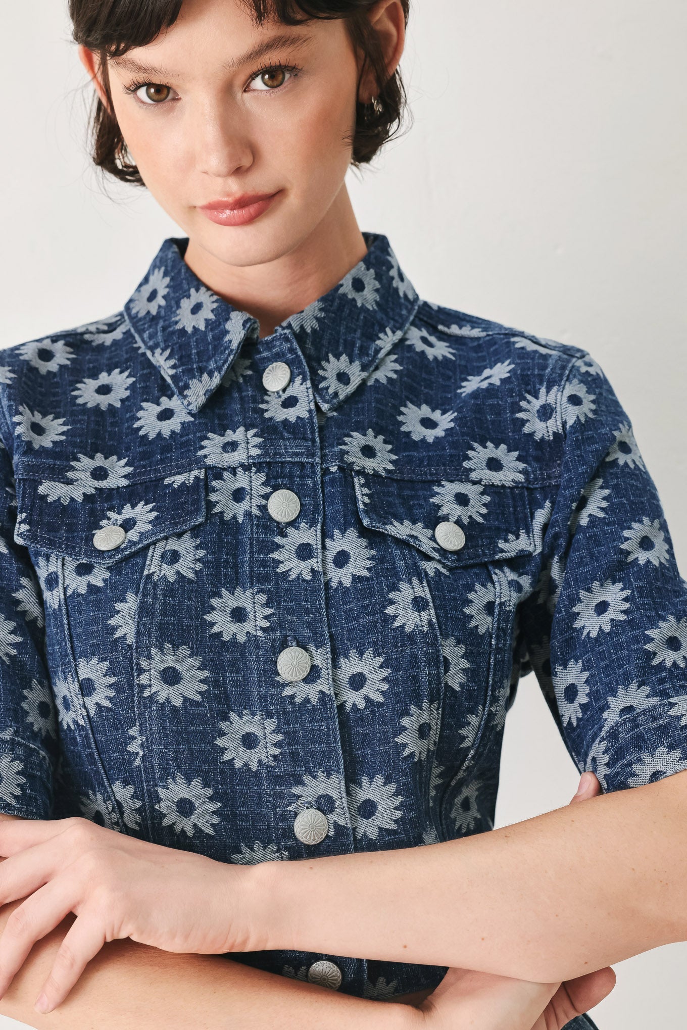 Sweet Daisy Woven Jacquard Denim Jacket in Indigo - front view showing floral jacquard texture