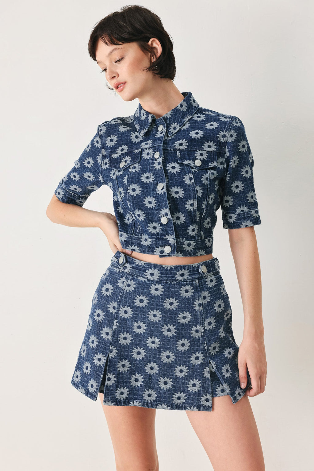 Sweet Daisy Woven Jacquard Denim Jacket in Indigo - back view