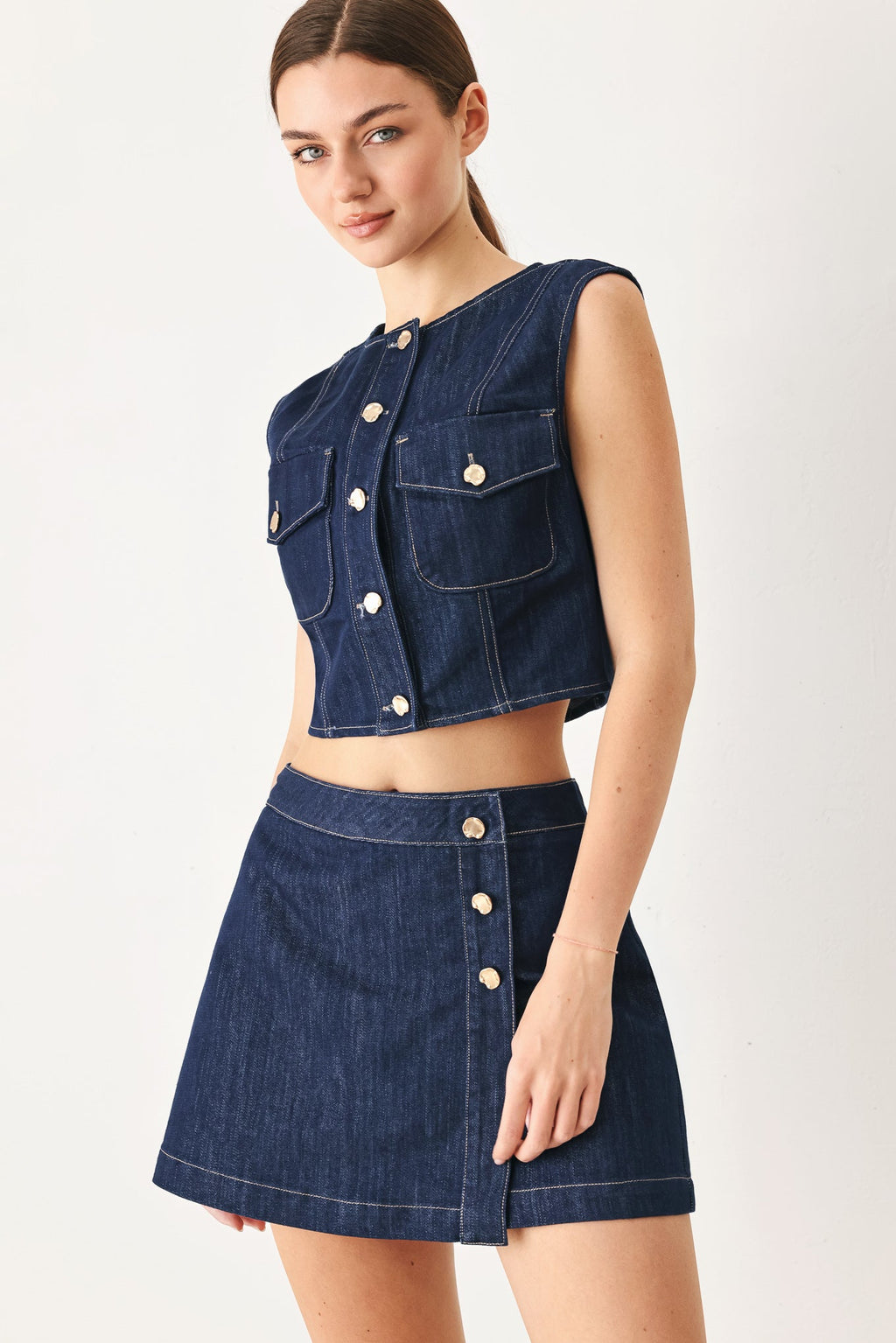 Iconic Indigo Denim Crop Vest with front button closure