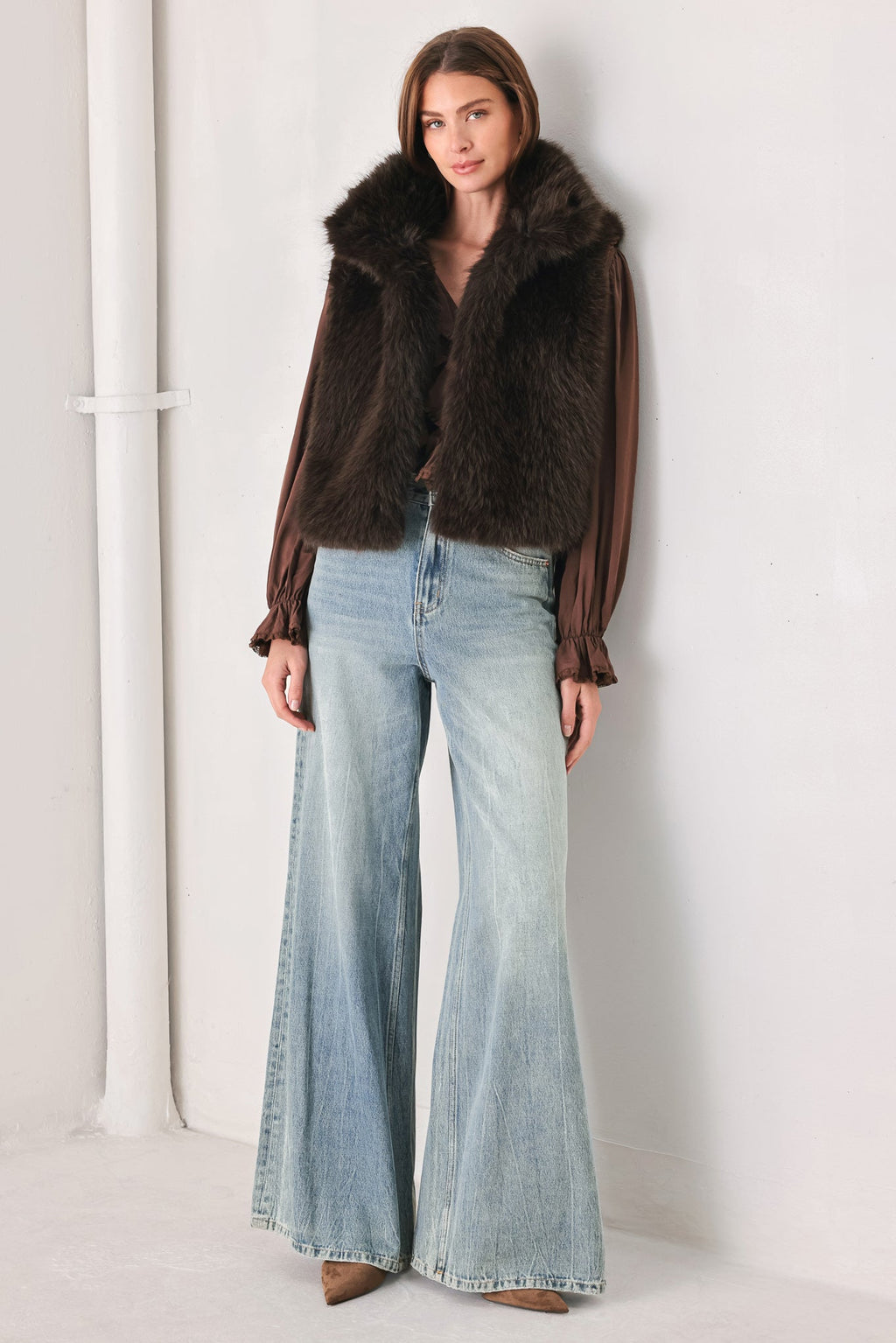 Chocolate Brown Faux Fur Vest in chocolate brown, back view