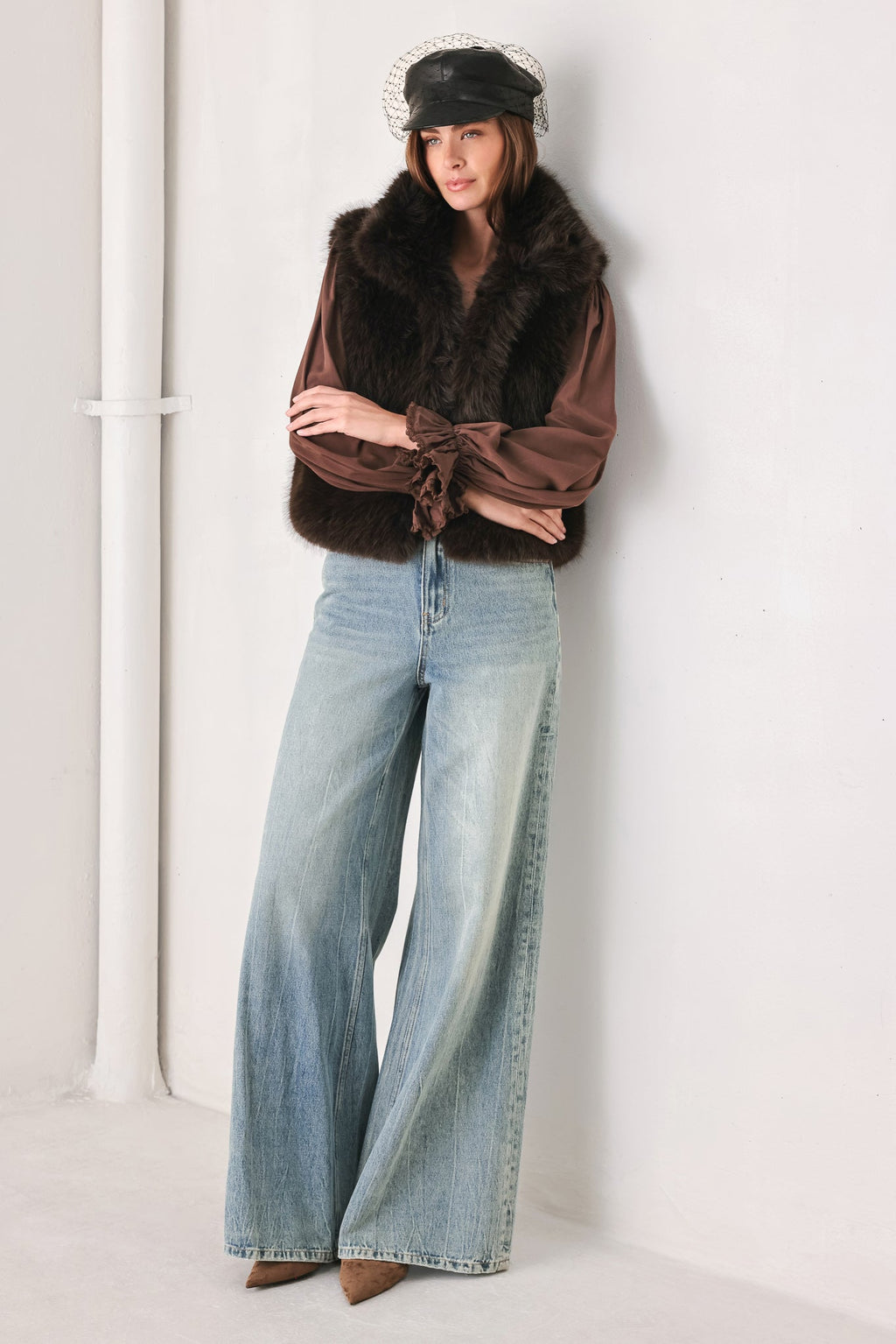 Chocolate Brown Faux Fur Vest in chocolate brown, detail view