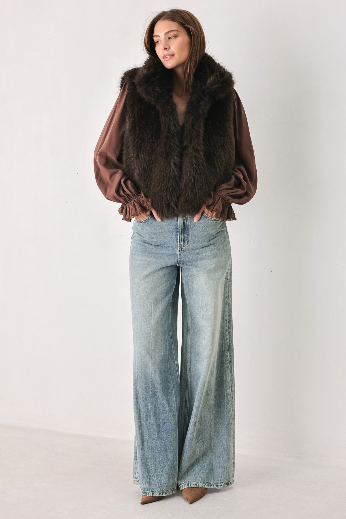 Chocolate Brown Faux Fur Vest in chocolate brown, close-up detail