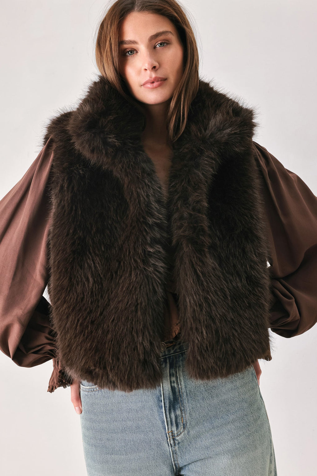 Chocolate Brown Faux Fur Vest in chocolate brown, front view