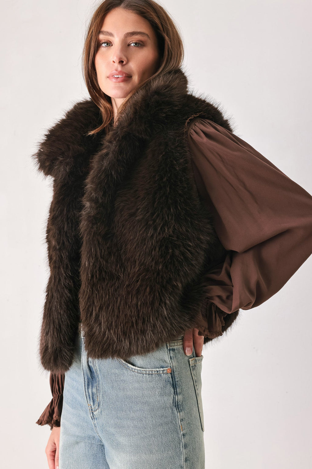 Chocolate Brown Faux Fur Vest in chocolate brown, styled view