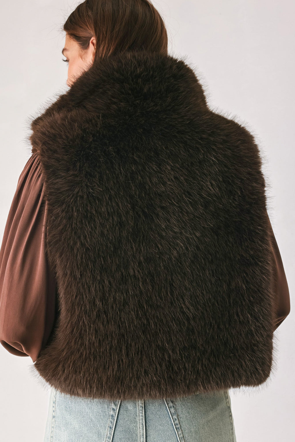 Chocolate Brown Faux Fur Vest in chocolate brown, lifestyle view