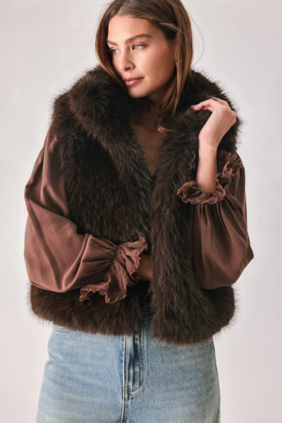 Chocolate Brown Faux Fur Vest in chocolate brown, side view