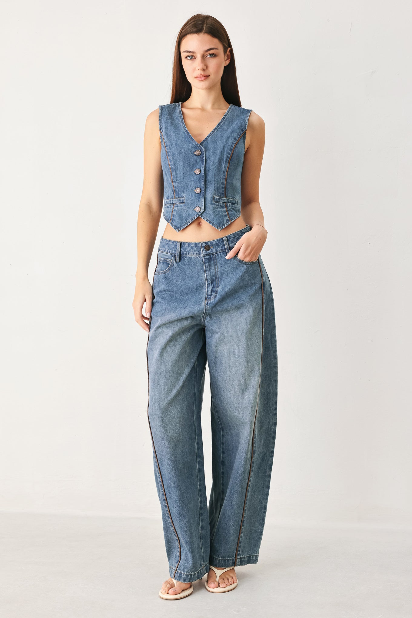 Western Muse Denim Vest styled with matching pants