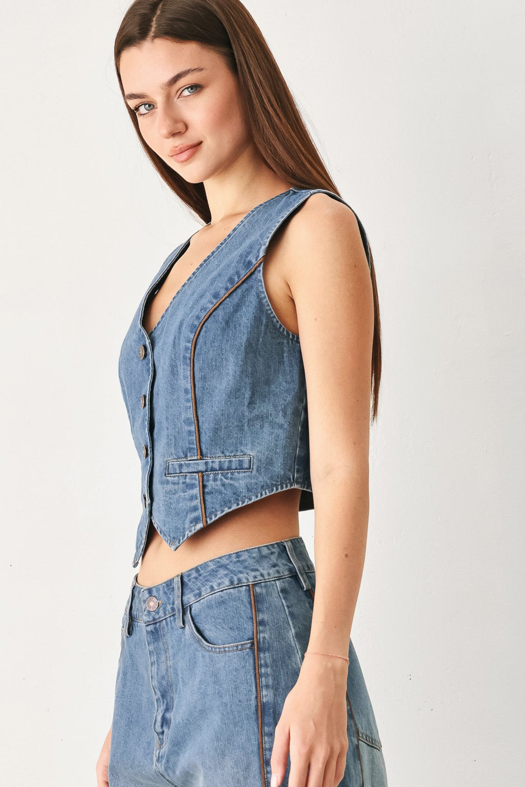 Western Muse Denim Vest with front button-down closure