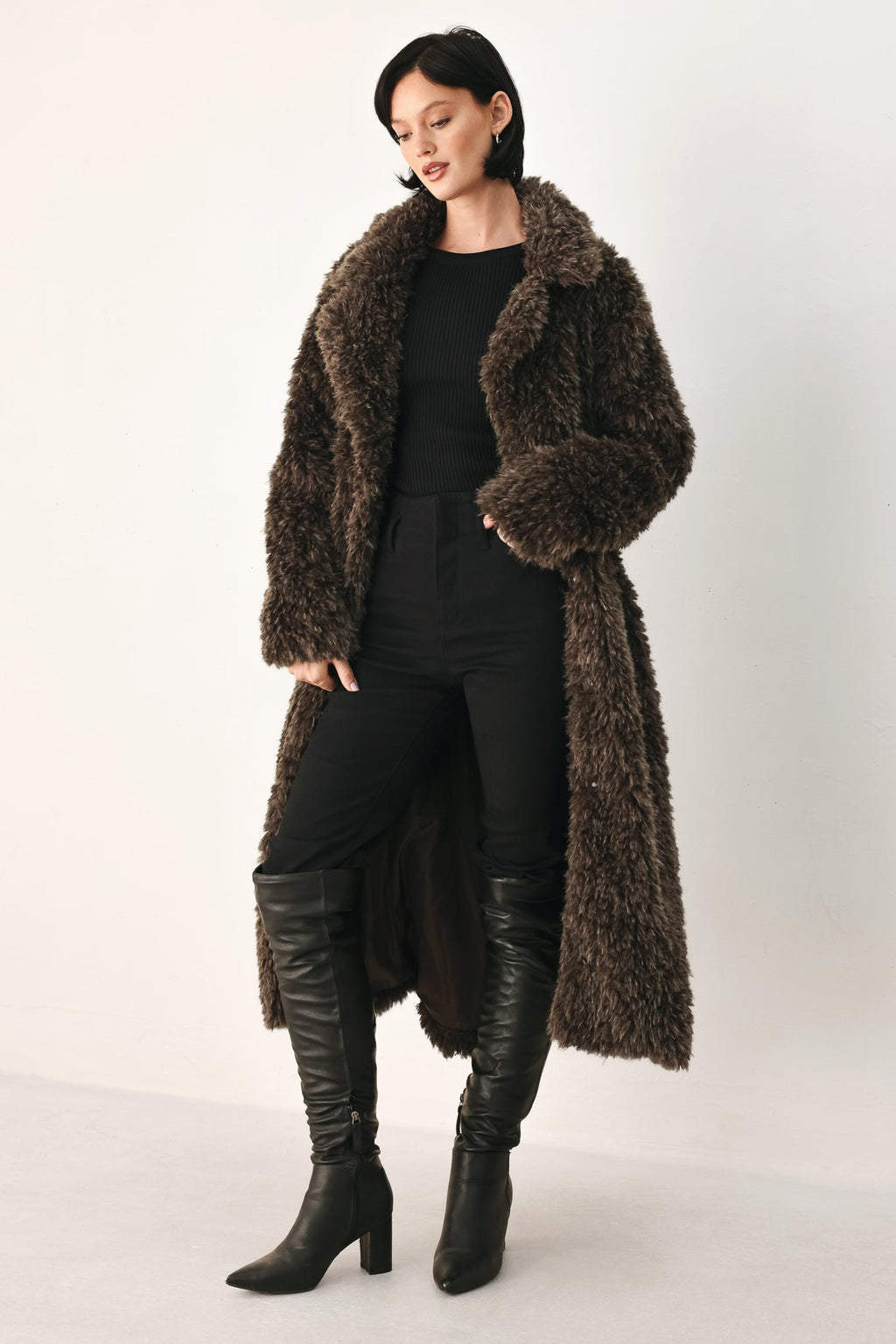 Dark brown belted faux fur midi coat - view 10