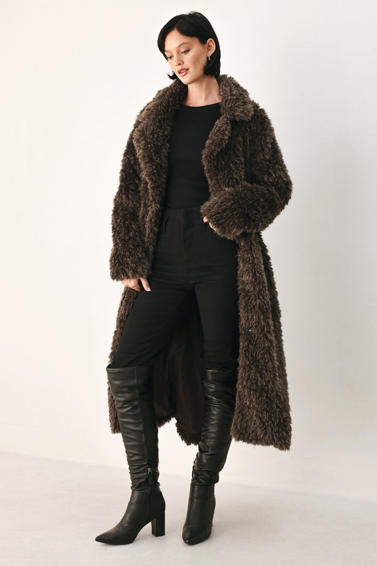 Dark brown belted faux fur midi coat - view 10