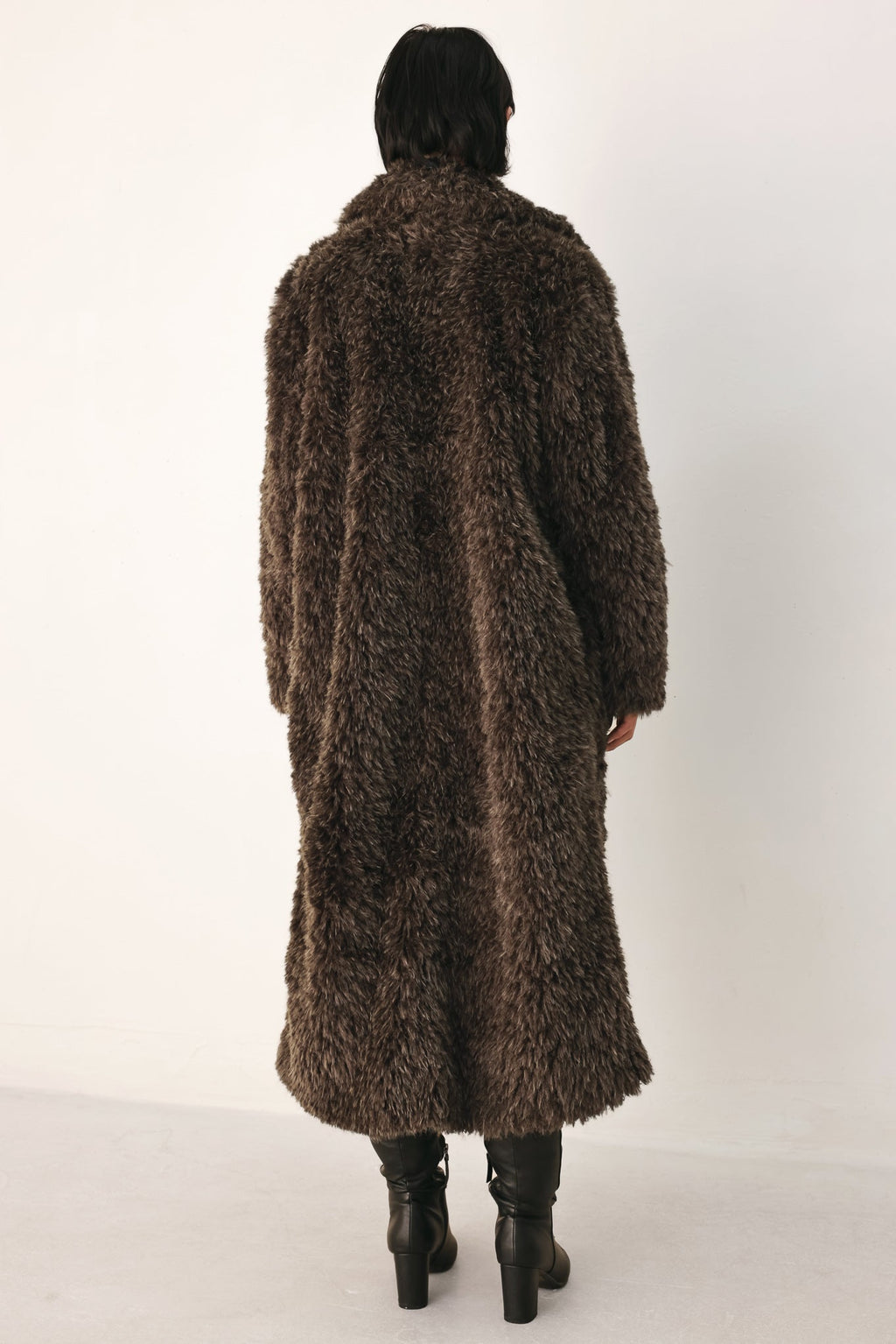 Dark brown belted faux fur midi coat - view 11