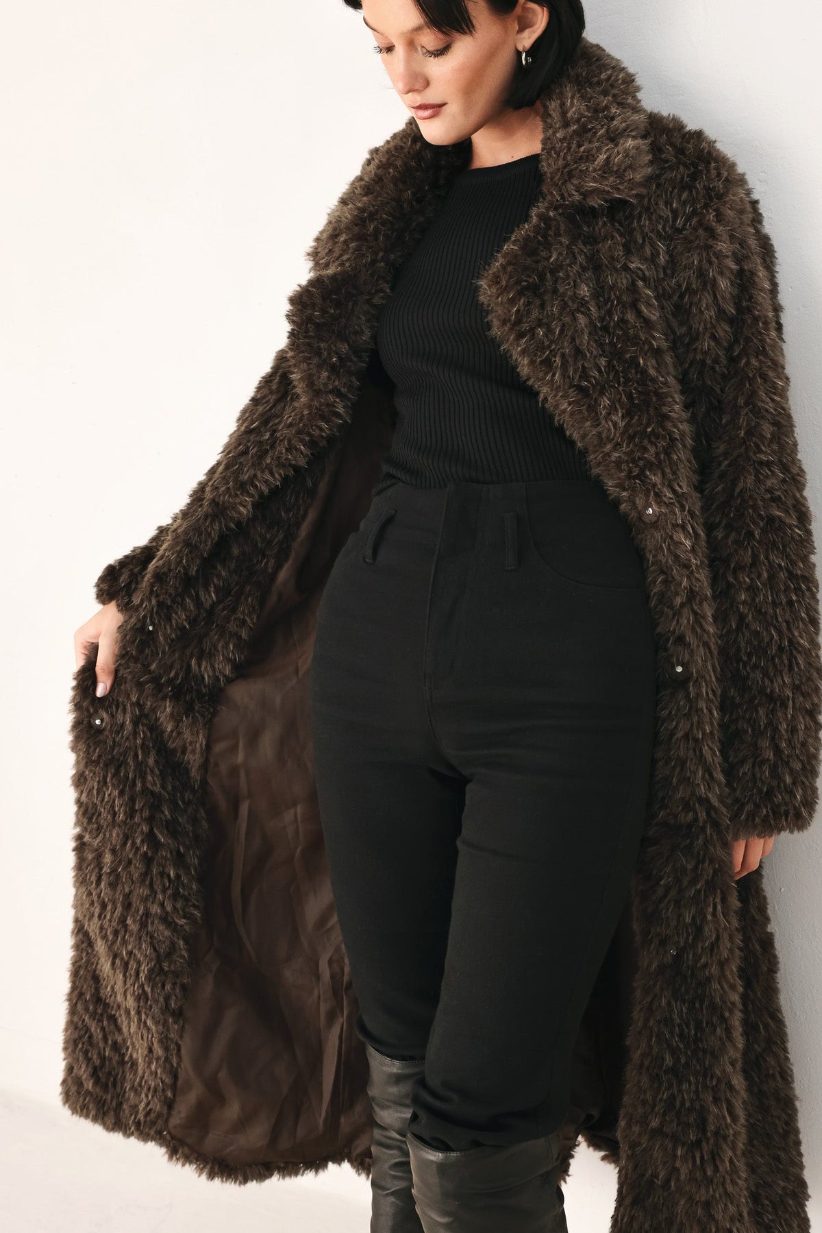 Dark brown belted faux fur midi coat - view 2