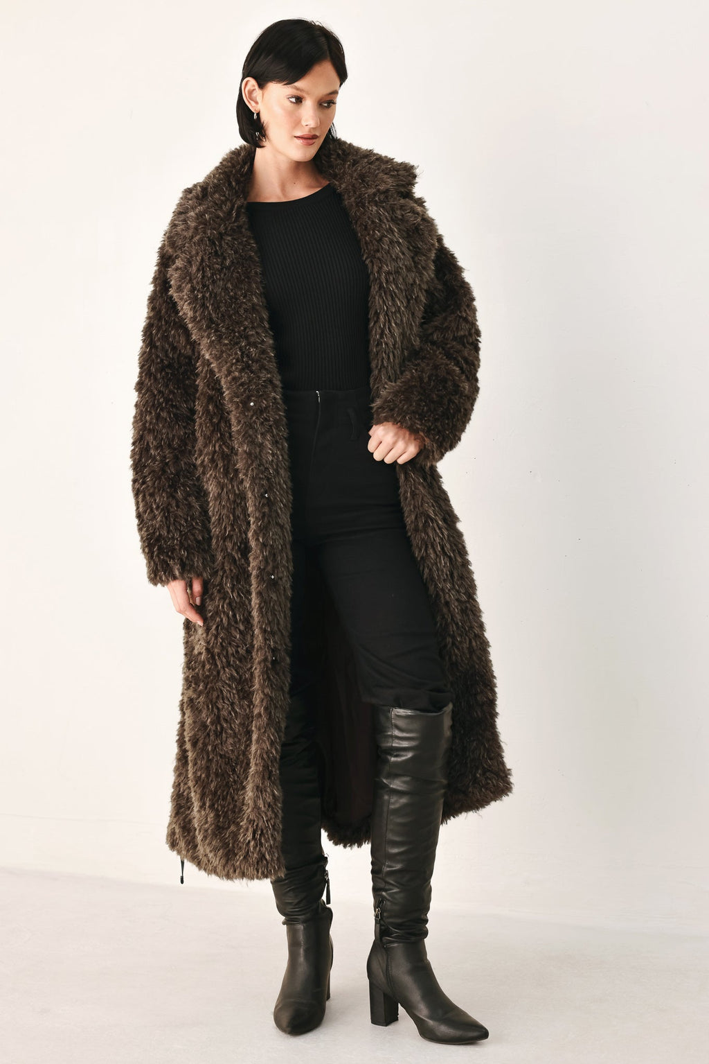 Dark brown belted faux fur midi coat - view 4
