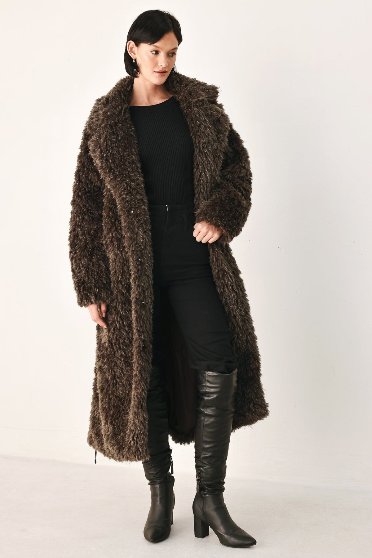Dark brown belted faux fur midi coat - view 4