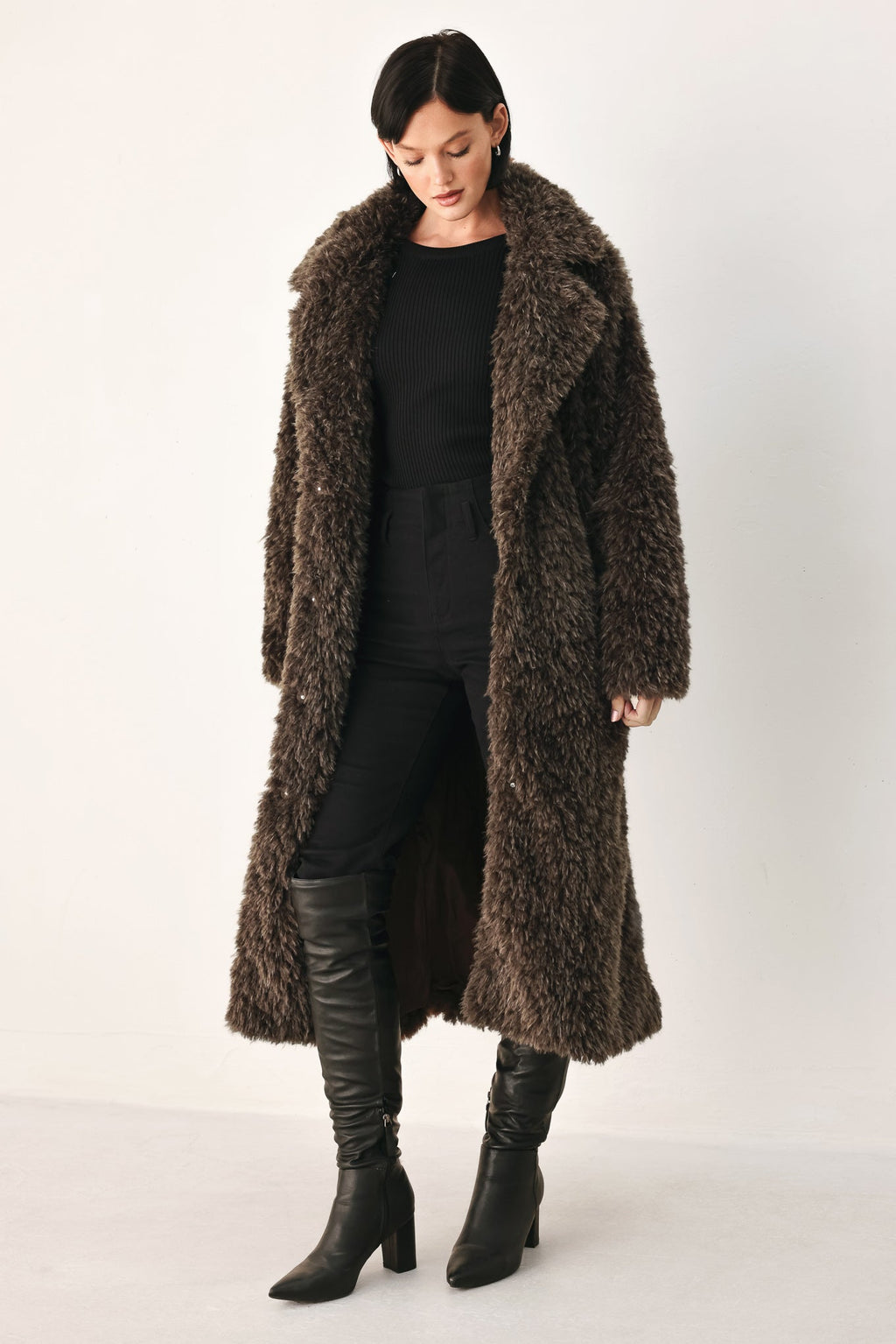 Dark brown belted faux fur midi coat - view 5