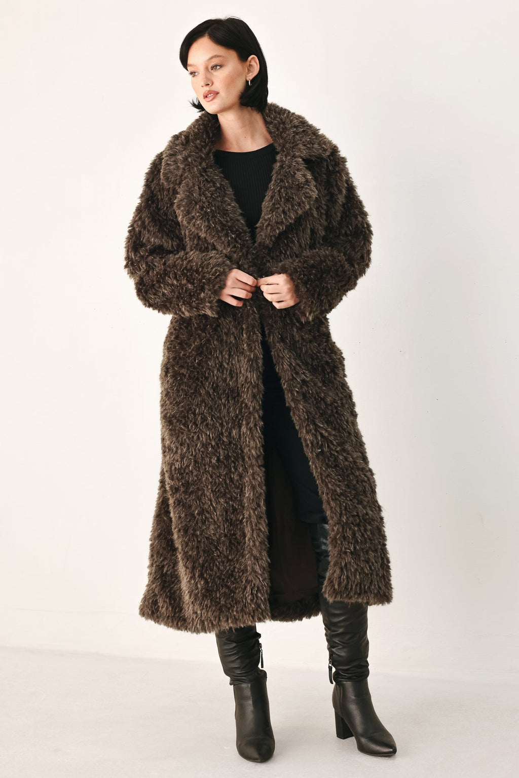 Dark brown belted faux fur midi coat - view 8