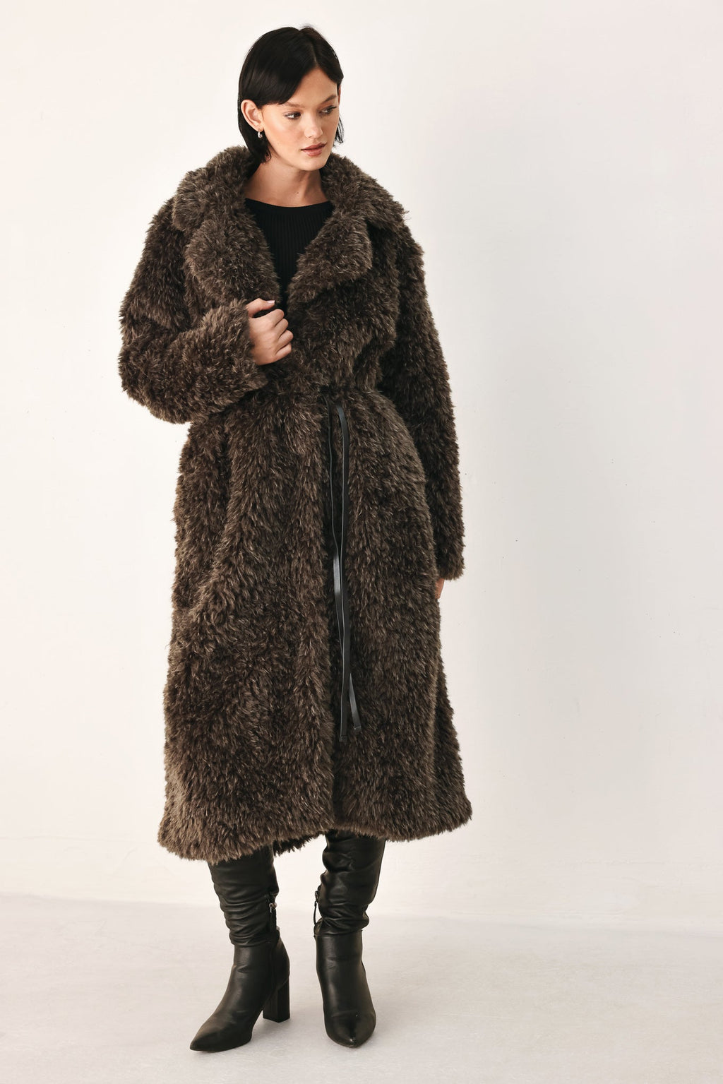 Dark brown belted faux fur midi coat - view 7