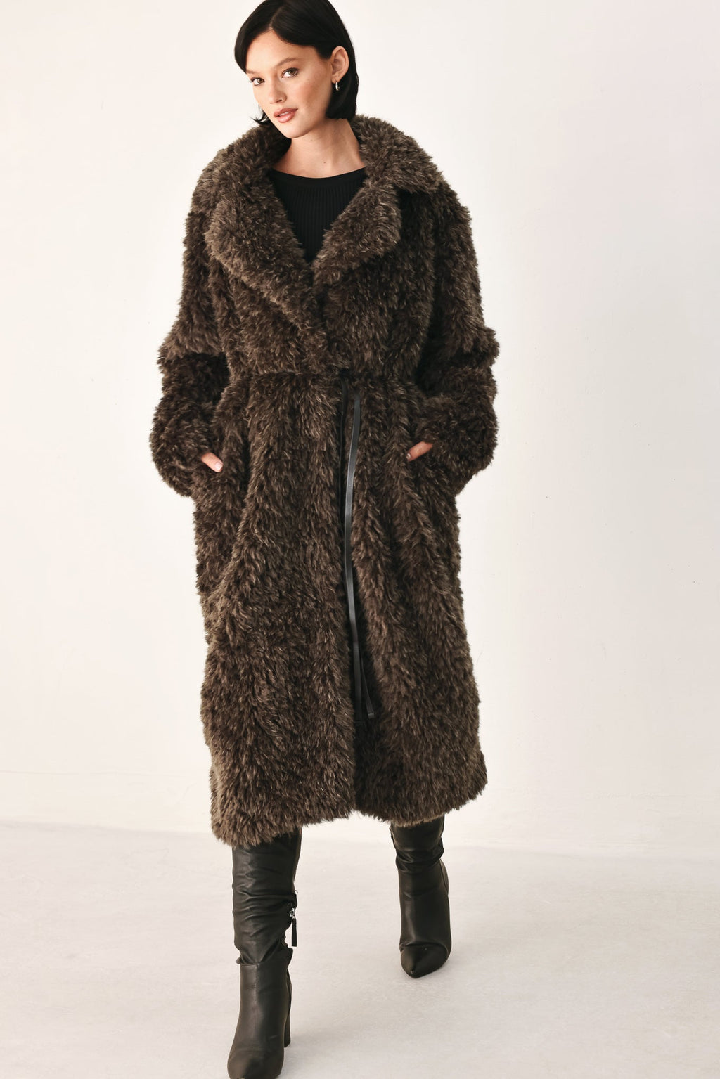 Dark brown belted faux fur midi coat - view 6