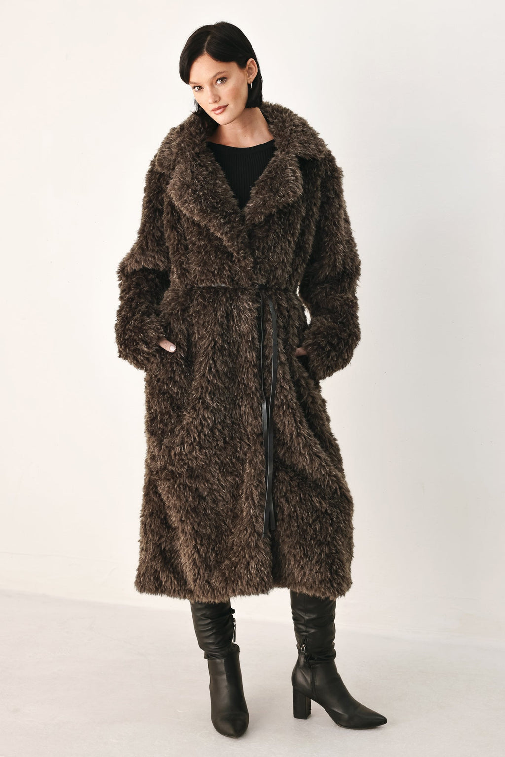 Dark brown belted faux fur midi coat - view 3