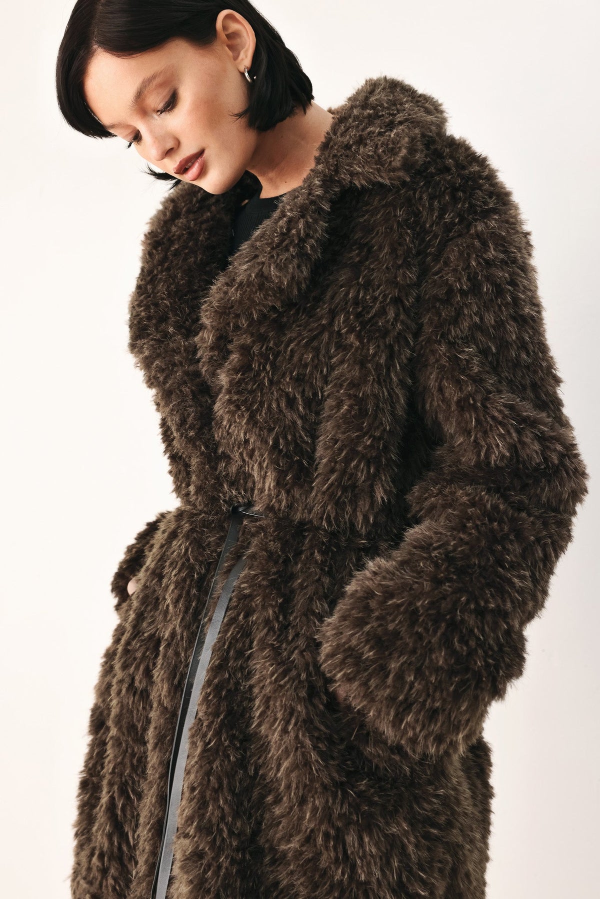Dark brown belted faux fur midi coat - view 1