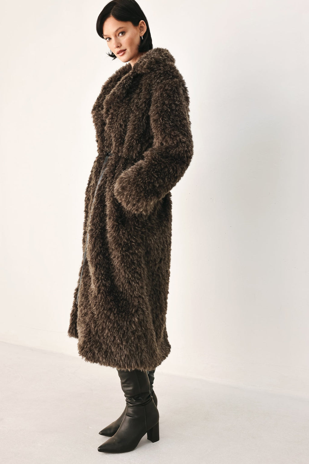 Dark brown belted faux fur midi coat - view 9