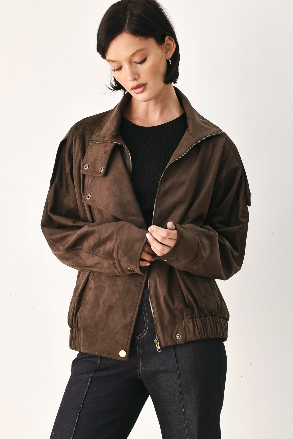 Faux Leather Wrap Front Bomber Jacket in dark brown, styled view