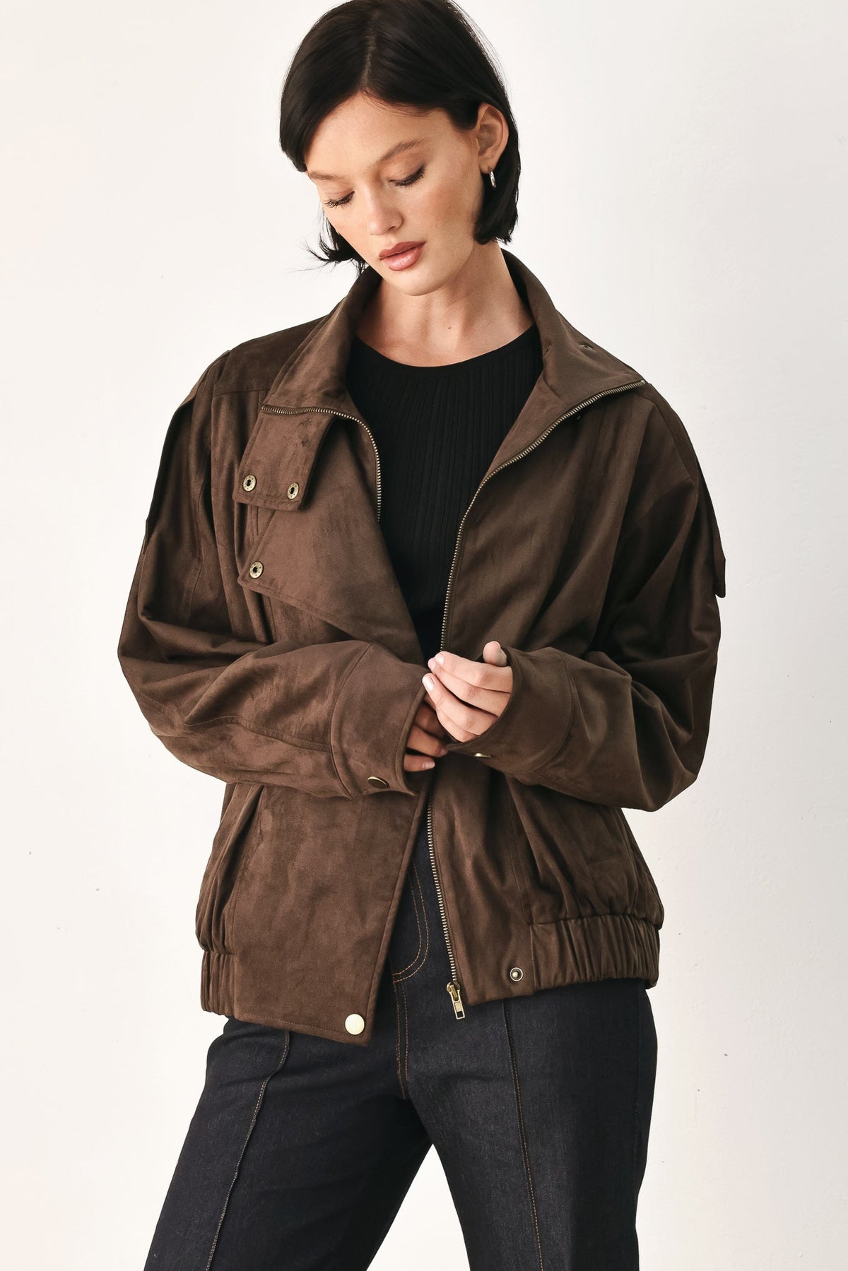 Faux Leather Wrap Front Bomber Jacket in dark brown, styled view