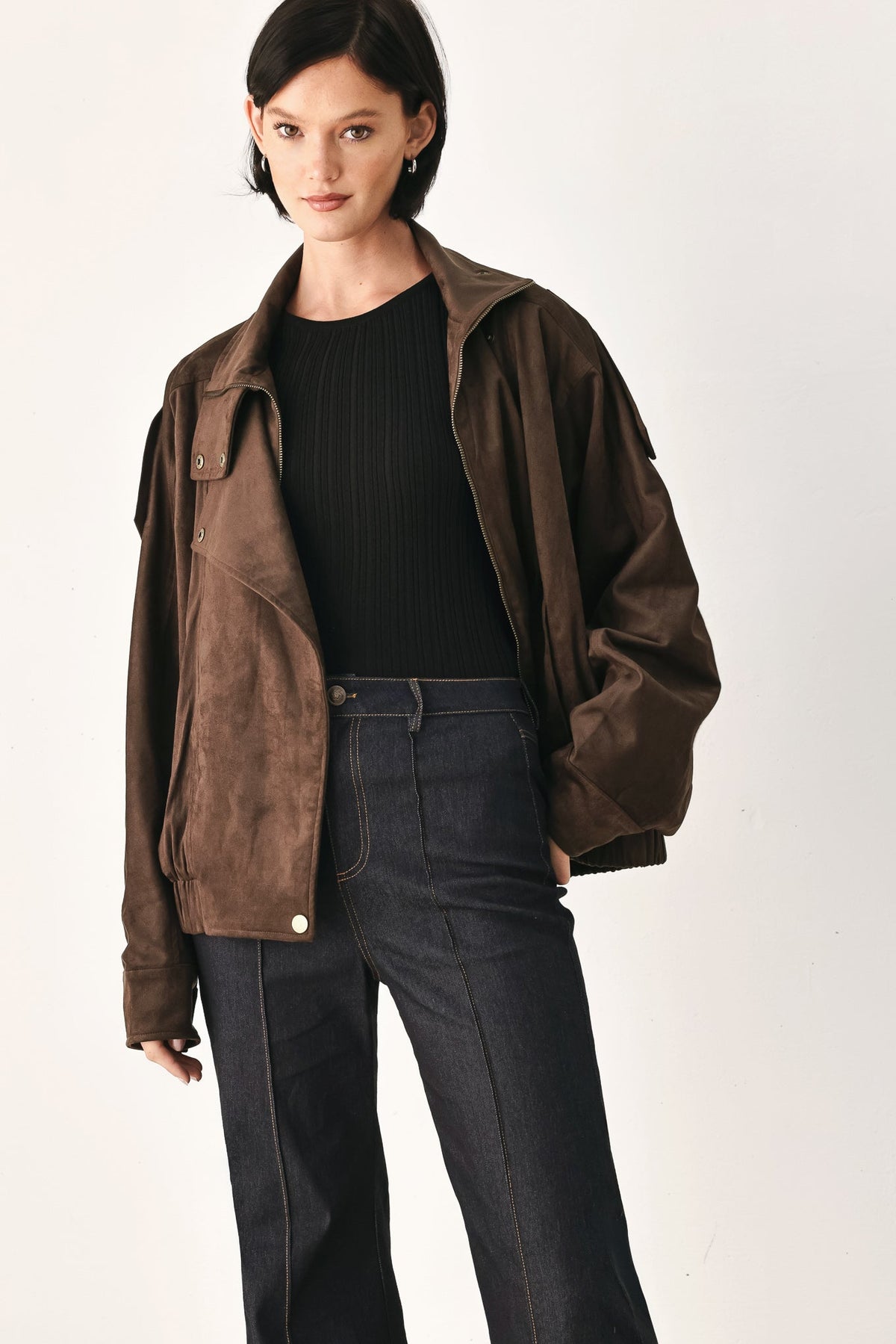 Faux Leather Wrap Front Bomber Jacket in dark brown, close-up detail