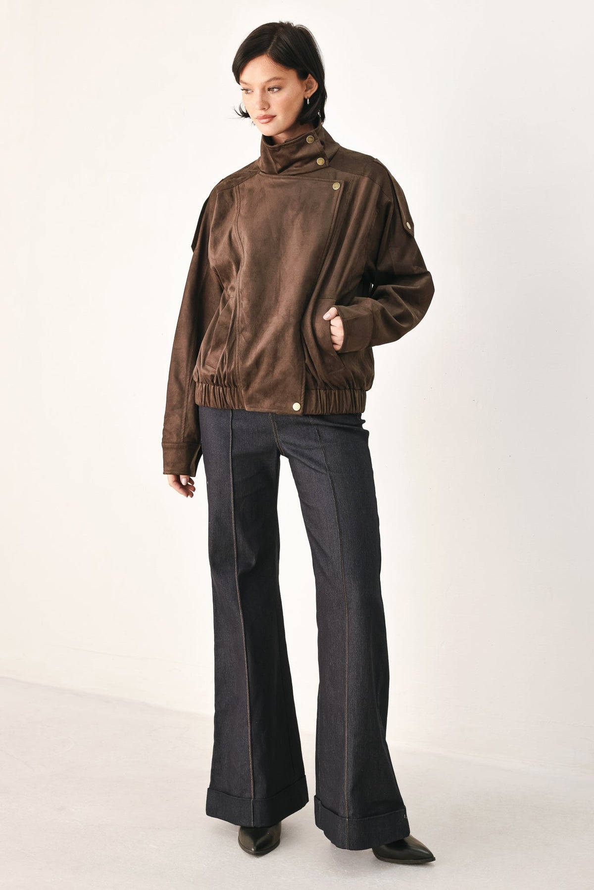 Faux Leather Wrap Front Bomber Jacket in dark brown, back view