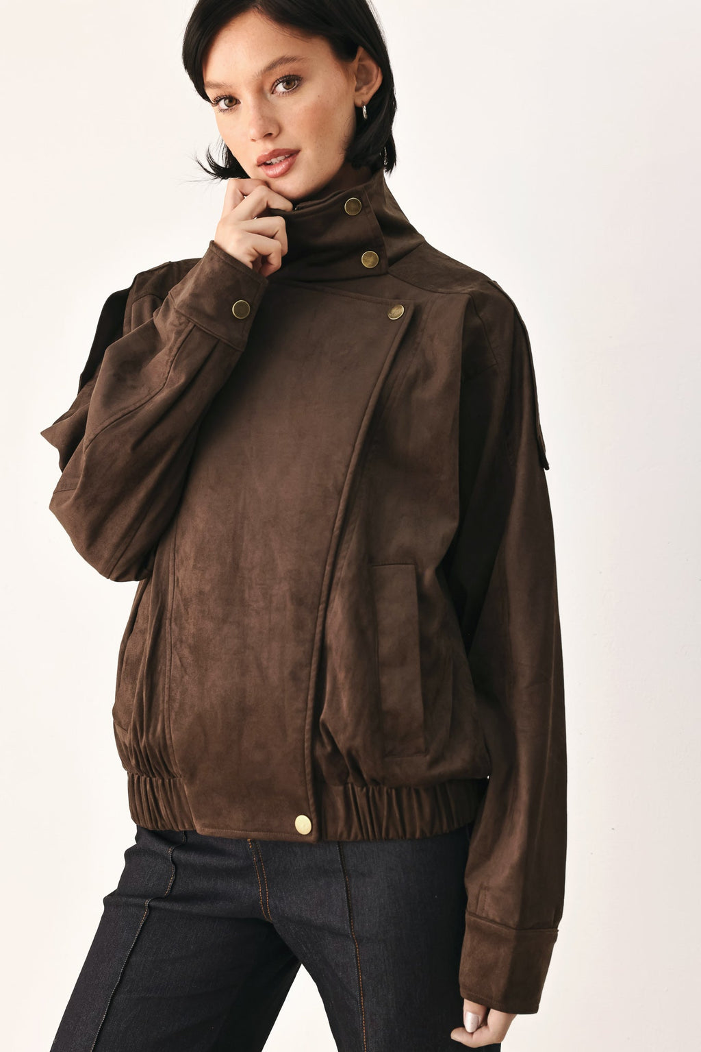 Faux Leather Wrap Front Bomber Jacket in dark brown, side view
